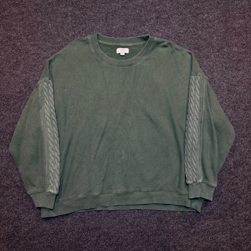 Aerie Womens XL Oversized Cable Knit Sleeve Crewneck Sweatshirt Green Pullover